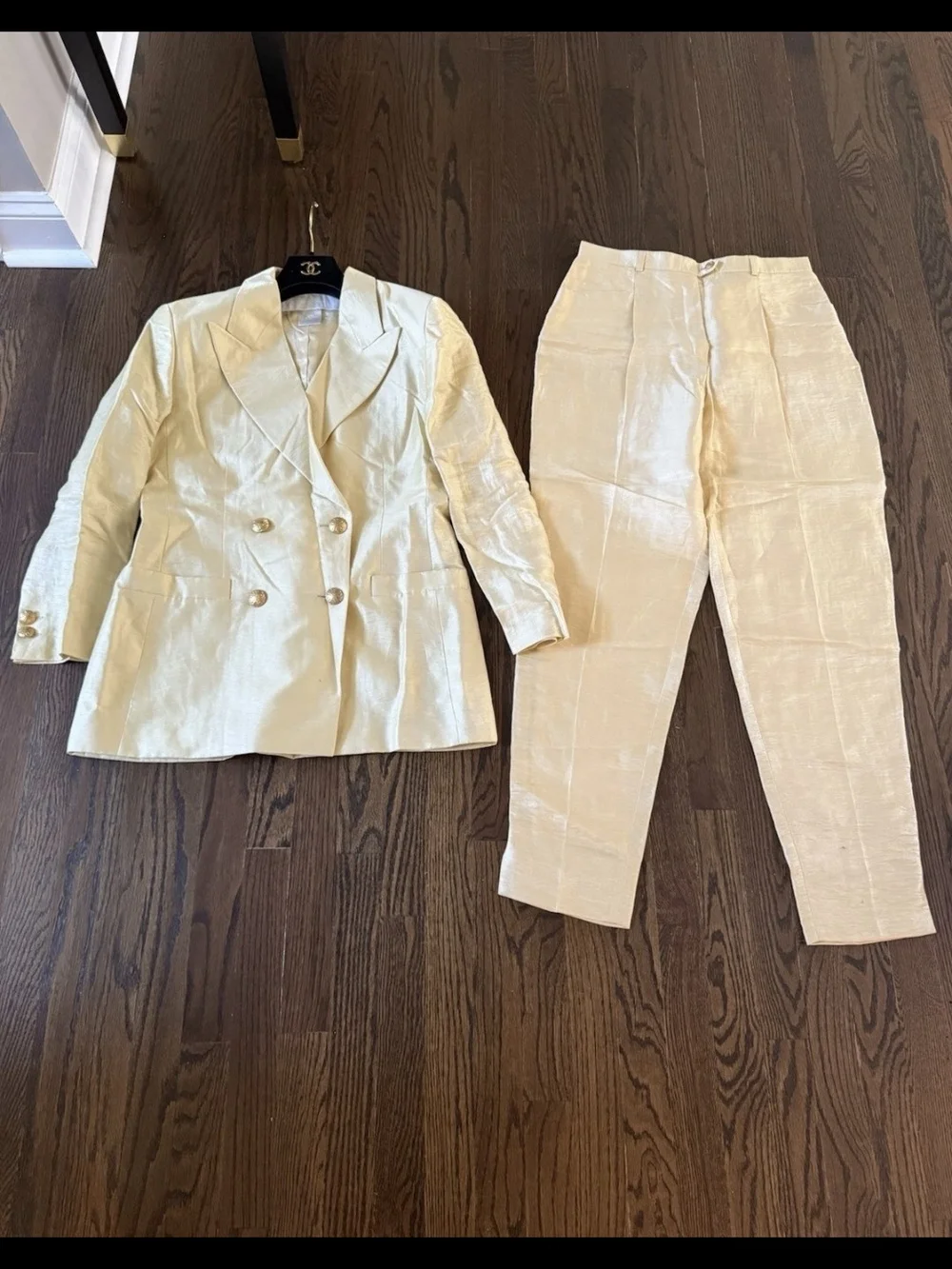 Escada By Margaretha Ley Gold Linen Vintag Double-Breasted Blazer & Trousers Set